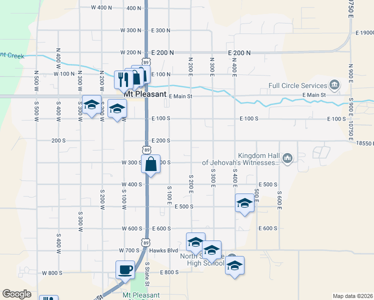 map of restaurants, bars, coffee shops, grocery stores, and more near 246 South 200 East in Mount Pleasant