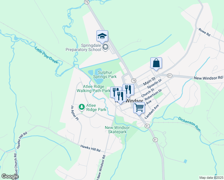 map of restaurants, bars, coffee shops, grocery stores, and more near 120 Water Street in New Windsor
