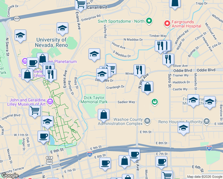 map of restaurants, bars, coffee shops, grocery stores, and more near 597 Sadleir Way in Reno