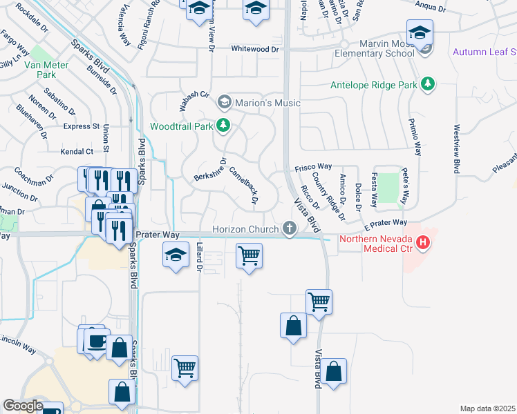 map of restaurants, bars, coffee shops, grocery stores, and more near 1912 Wabash Cir in Sparks
