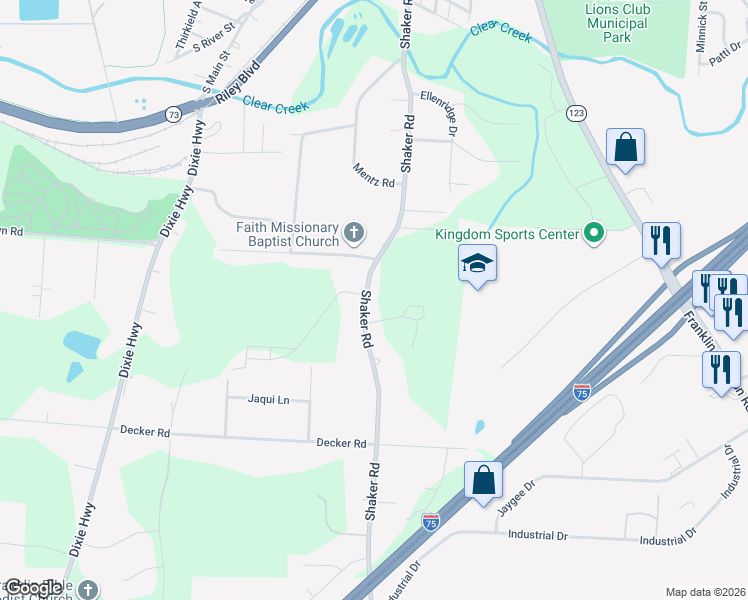 map of restaurants, bars, coffee shops, grocery stores, and more near 6808 Shaker Road in Franklin