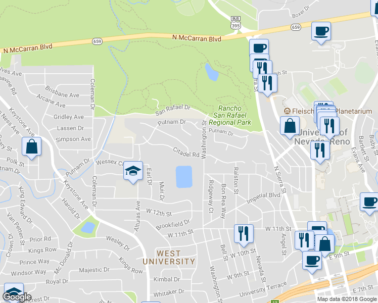 map of restaurants, bars, coffee shops, grocery stores, and more near 623 Citadel Road in Reno