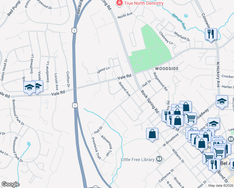 map of restaurants, bars, coffee shops, grocery stores, and more near 107 Stoneleigh Road in Bel Air