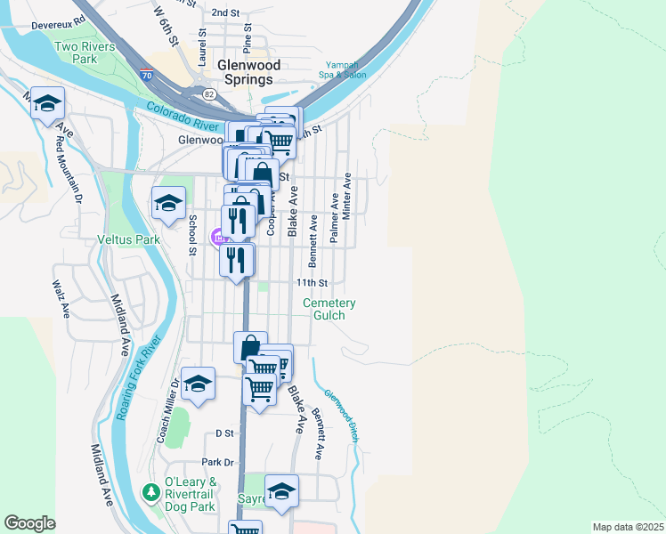 map of restaurants, bars, coffee shops, grocery stores, and more near 1026 Palmer Avenue in Glenwood Springs