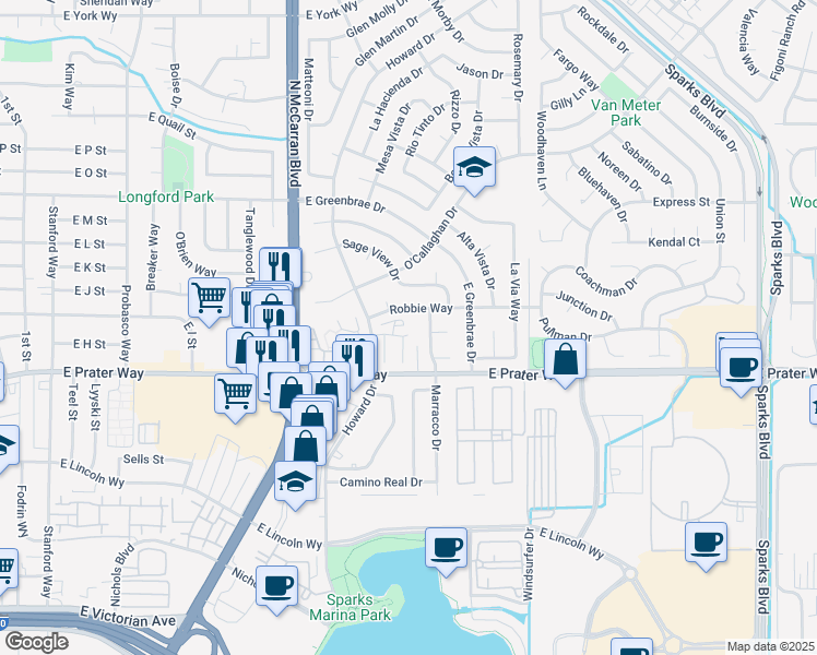 map of restaurants, bars, coffee shops, grocery stores, and more near 939 Marracco Drive in Sparks