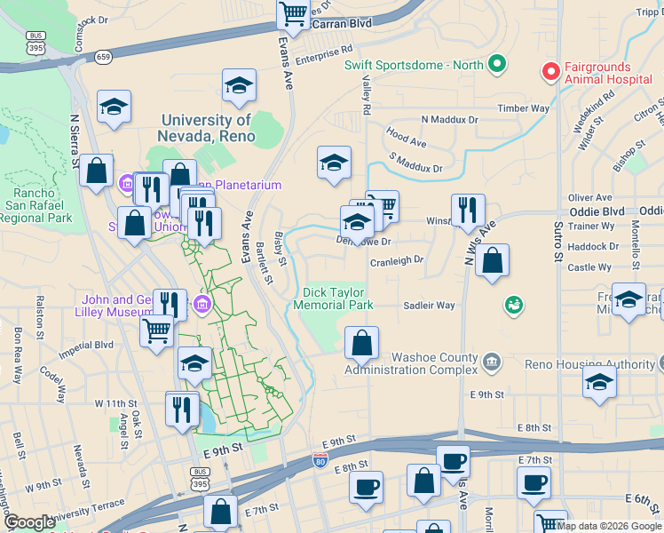 map of restaurants, bars, coffee shops, grocery stores, and more near 1640 Jackson Place in Reno