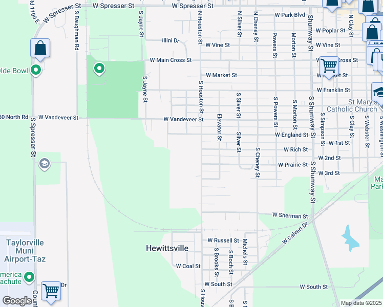 map of restaurants, bars, coffee shops, grocery stores, and more near 721 South Houston Street in Taylorville