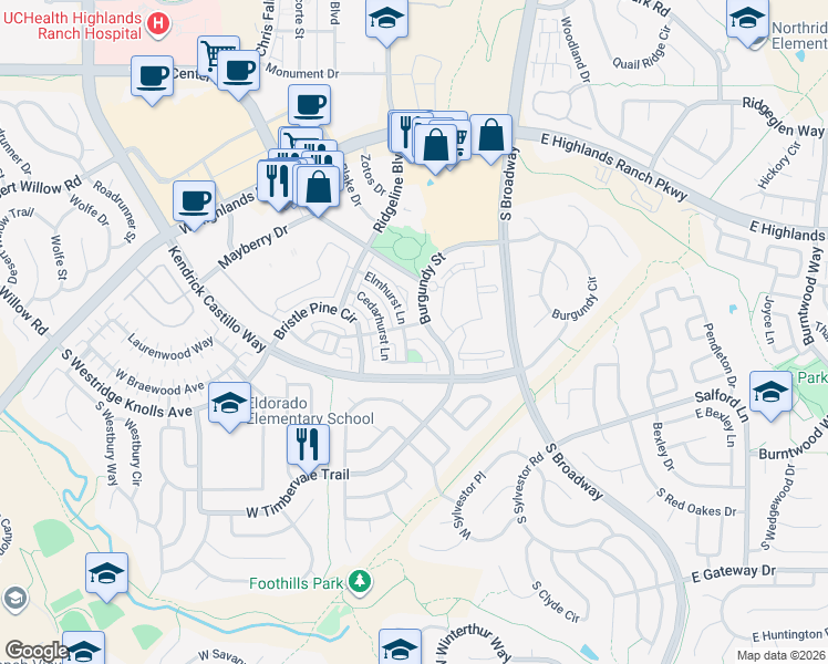 map of restaurants, bars, coffee shops, grocery stores, and more near 535 Elmhurst Way in Highlands Ranch
