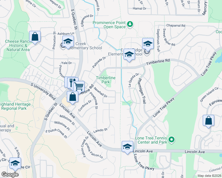 map of restaurants, bars, coffee shops, grocery stores, and more near 7058 Townsend Drive in Littleton