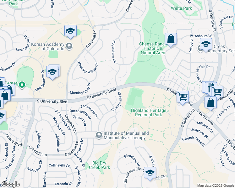 map of restaurants, bars, coffee shops, grocery stores, and more near 9514 South Wangaratta Court in Littleton