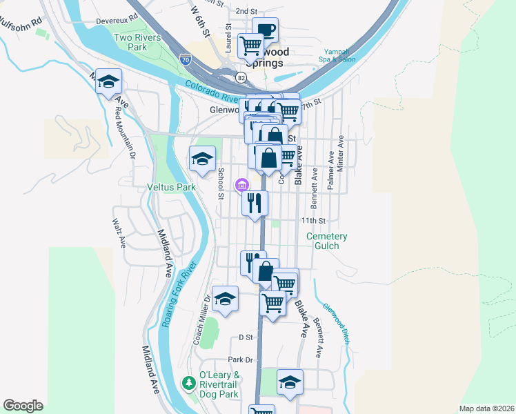 map of restaurants, bars, coffee shops, grocery stores, and more near 1023 Grand Avenue in Glenwood Springs