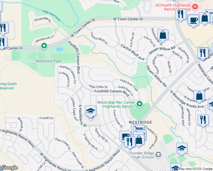 map of restaurants, bars, coffee shops, grocery stores, and more near 9576 High Cliffe Street in Highlands Ranch