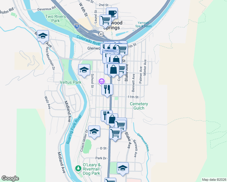 map of restaurants, bars, coffee shops, grocery stores, and more near 1023 Grand Avenue in Glenwood Springs