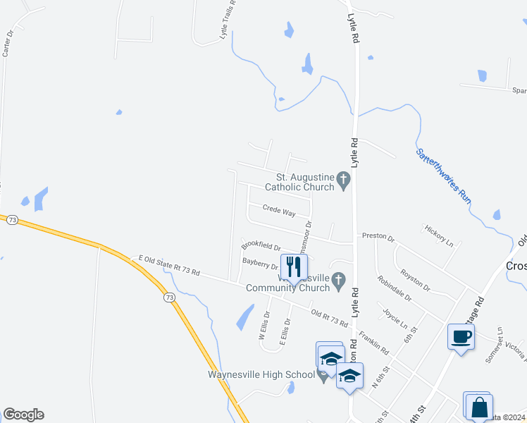 map of restaurants, bars, coffee shops, grocery stores, and more near 1085 Crede Way in Waynesville