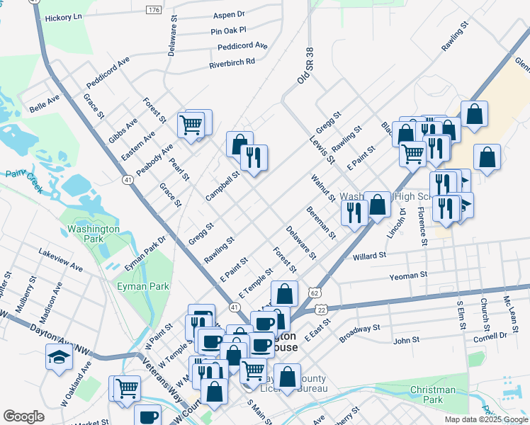 map of restaurants, bars, coffee shops, grocery stores, and more near 623 Rawling Street in Washington Court House
