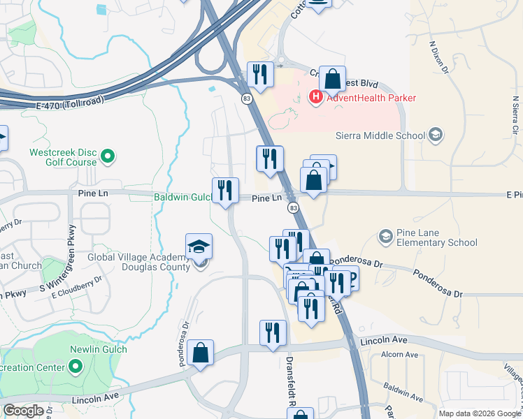 map of restaurants, bars, coffee shops, grocery stores, and more near 12405 South Parker Road in Parker