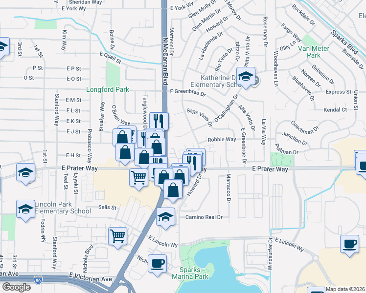map of restaurants, bars, coffee shops, grocery stores, and more near 949 Woodside Drive in Sparks
