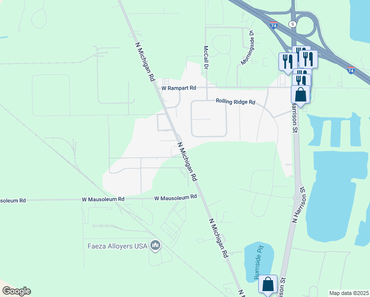 map of restaurants, bars, coffee shops, grocery stores, and more near 1640 North Michigan Road in Shelbyville
