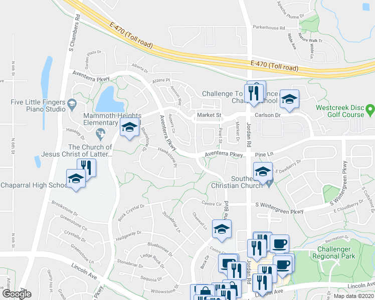 map of restaurants, bars, coffee shops, grocery stores, and more near 16405 Stonefeld Place in Parker