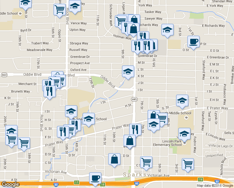 map of restaurants, bars, coffee shops, grocery stores, and more near 930 I Street in Sparks