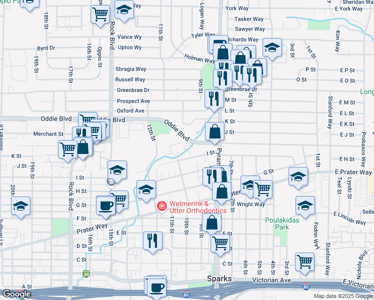 map of restaurants, bars, coffee shops, grocery stores, and more near 930 I Street in Sparks