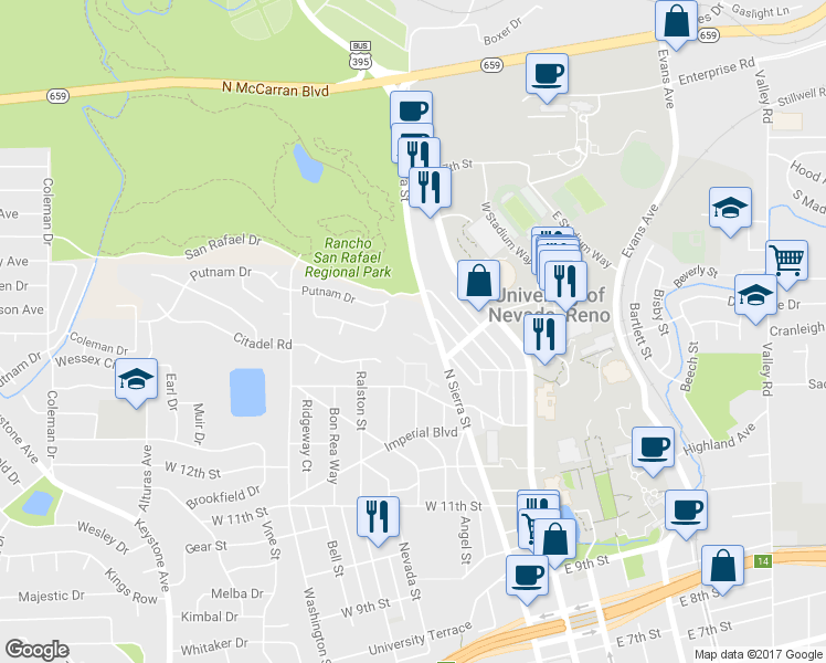 map of restaurants, bars, coffee shops, grocery stores, and more near 1555 North Sierra Street in Reno