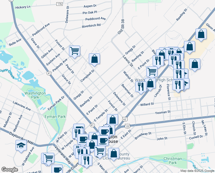 map of restaurants, bars, coffee shops, grocery stores, and more near 623 Rawling Street in Washington Court House