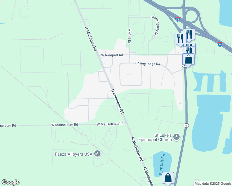 map of restaurants, bars, coffee shops, grocery stores, and more near 1640 North Michigan Road in Shelbyville