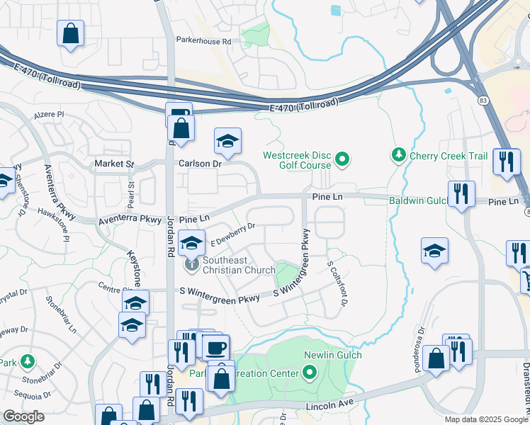map of restaurants, bars, coffee shops, grocery stores, and more near 17487 East Dewberry Drive in Parker