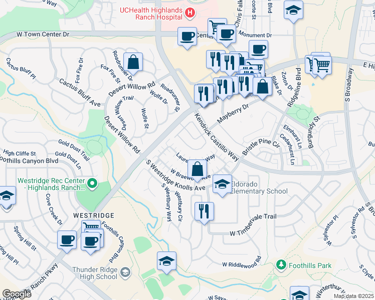map of restaurants, bars, coffee shops, grocery stores, and more near 1349 Carlyle Park Circle in Littleton