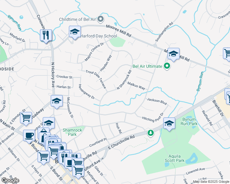 map of restaurants, bars, coffee shops, grocery stores, and more near 503 North Shamrock Road in Bel Air