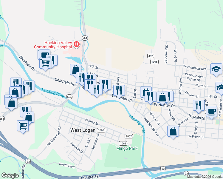 map of restaurants, bars, coffee shops, grocery stores, and more near 101-199 Riff Avenue in Logan