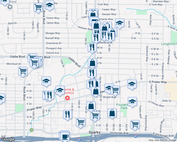 map of restaurants, bars, coffee shops, grocery stores, and more near 845 I Street in Sparks