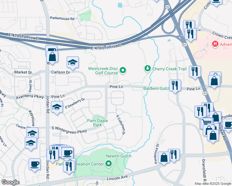 map of restaurants, bars, coffee shops, grocery stores, and more near 17706 East Cranberry Circle in Parker