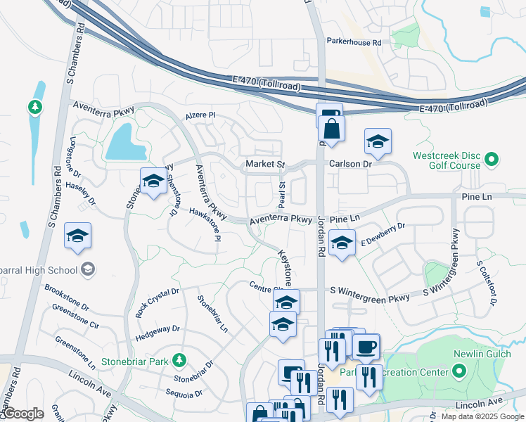 map of restaurants, bars, coffee shops, grocery stores, and more near 9584 Keystone Boulevard in Parker