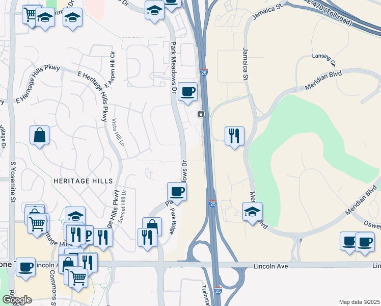 map of restaurants, bars, coffee shops, grocery stores, and more near 10275 Park Meadows Drive in Lone Tree