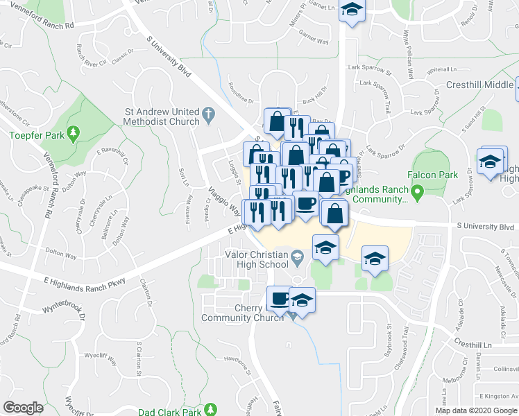 map of restaurants, bars, coffee shops, grocery stores, and more near in Highlands Ranch