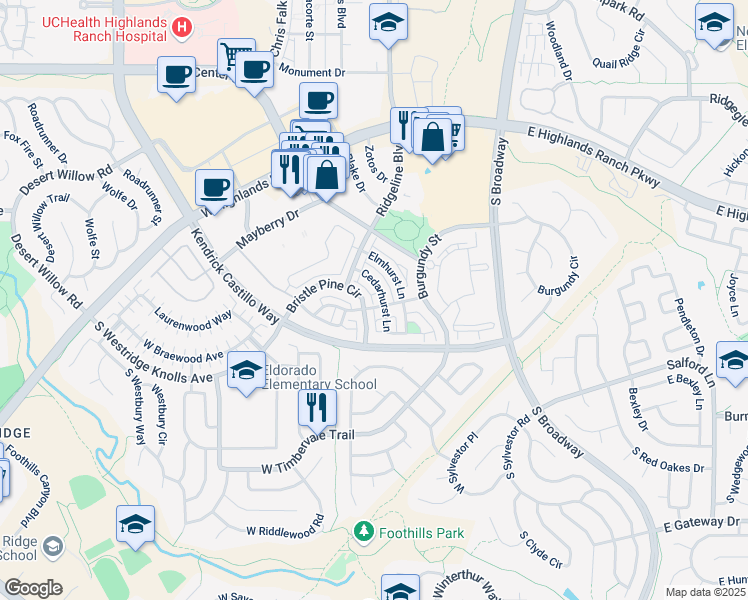 map of restaurants, bars, coffee shops, grocery stores, and more near 636 Brookhurst Avenue in Highlands Ranch