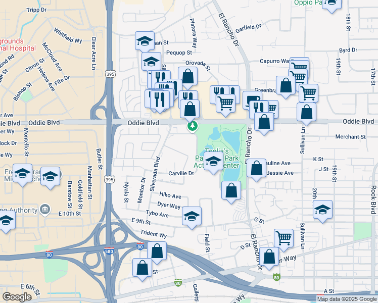 map of restaurants, bars, coffee shops, grocery stores, and more near 2360 Paradise Drive in Reno