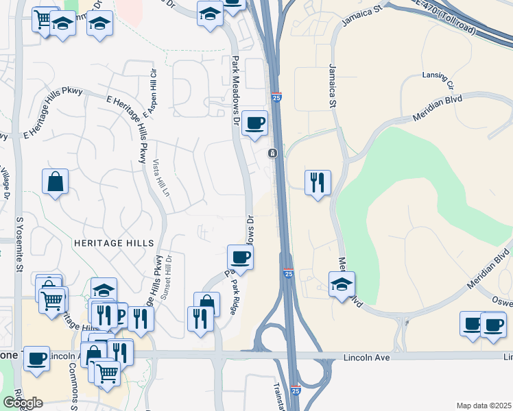 map of restaurants, bars, coffee shops, grocery stores, and more near 10275 Park Meadows Drive in Lone Tree