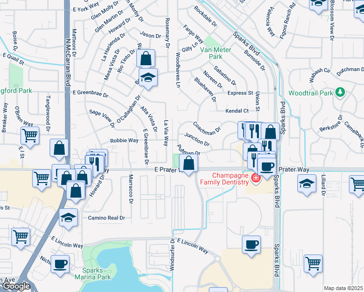 map of restaurants, bars, coffee shops, grocery stores, and more near 1216 Pullman Drive in Sparks