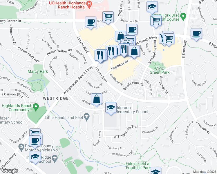 map of restaurants, bars, coffee shops, grocery stores, and more near 1197 Laurenwood Way in Littleton
