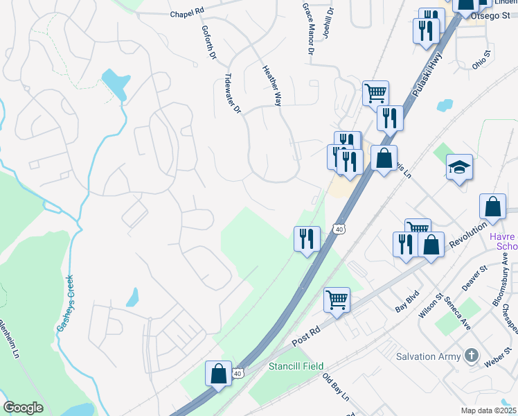 map of restaurants, bars, coffee shops, grocery stores, and more near 318 Whitney Court in Havre de Grace