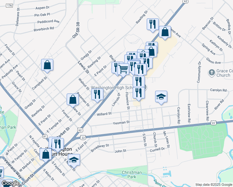 map of restaurants, bars, coffee shops, grocery stores, and more near 902 Lincoln Drive in Washington Court House