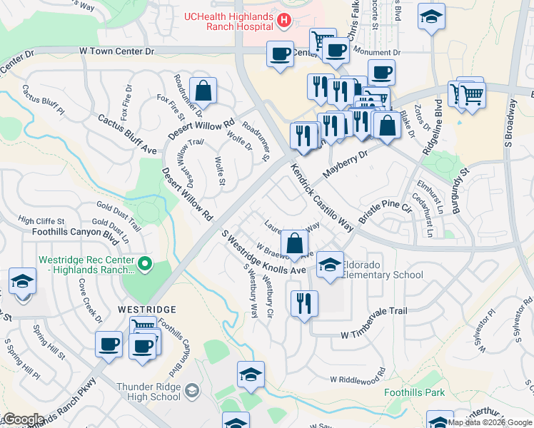 map of restaurants, bars, coffee shops, grocery stores, and more near 1403 Laurenwood Way in Littleton