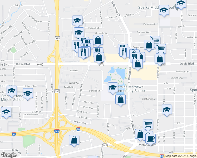 map of restaurants, bars, coffee shops, grocery stores, and more near 2360 Paradise Drive in Reno