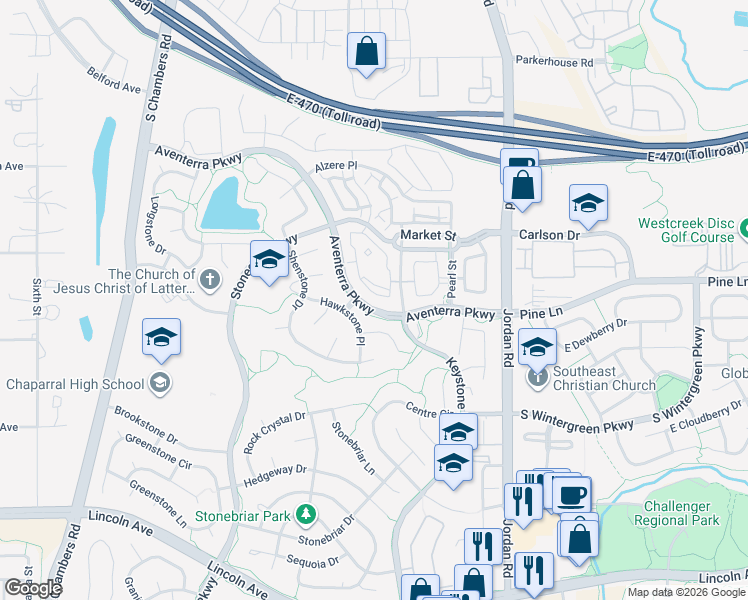 map of restaurants, bars, coffee shops, grocery stores, and more near 9471 Ashbury Circle in Parker