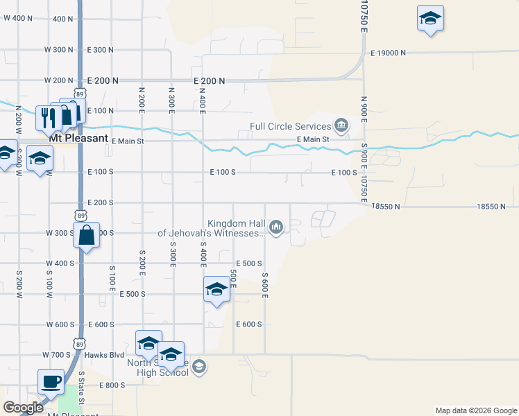 map of restaurants, bars, coffee shops, grocery stores, and more near 590 East 200 South in Mount Pleasant