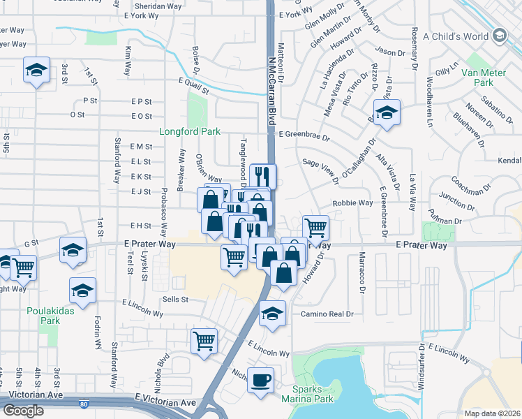 map of restaurants, bars, coffee shops, grocery stores, and more near 668 East Prater Way in Sparks