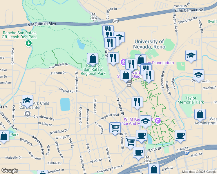 map of restaurants, bars, coffee shops, grocery stores, and more near 1555 North Sierra Street in Reno